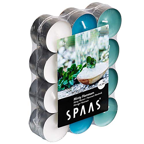 Spaas Pack de chauffe plats parfumées Hamman mentolé 24 Duft-Teelichter Farben Sortiert, ± 4,5 Stunden-Minty Hammam, Smaragdgrün, D 39 mm x H 16 mm von Spaas