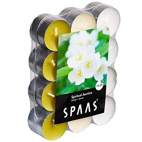 Spaas Pack de chauffe plats parfumées spirituel 24 Duft-Teelichter Farben Sortiert, ± 4,5 Stunden-Spiritual Jasmin, Weiß, D 39 mm x H 16 mm von Spaas