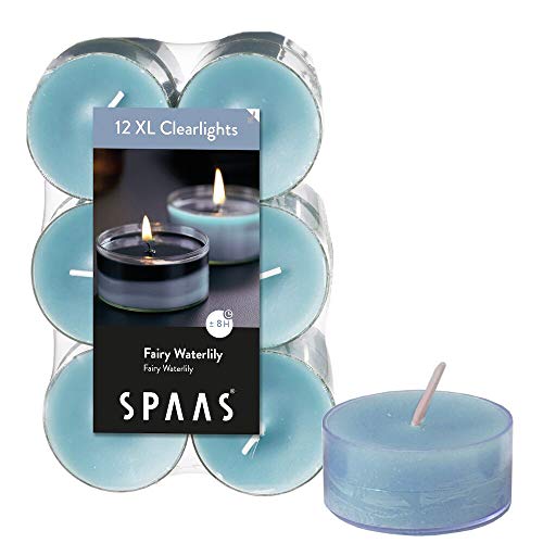 Spaas 12 Maxi Duftenden Clearlights, Teelichter mit durchsichtigem Halter, ± 8 Stunden-Fairy Waterlily, Paraffinwachs, Grau-blau, D 56 mm x H 21 mm von Spaas