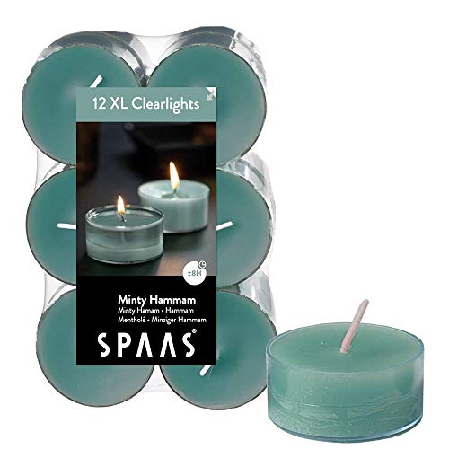 Spaas 12 Maxi Duftenden Clearlights, Teelichter mit durchsichtigem Halter, ± 8 Stunden-Minty Hammam, Paraffinwachs, Smaragdgrün, D 56 mm x H 21 mm von Spaas