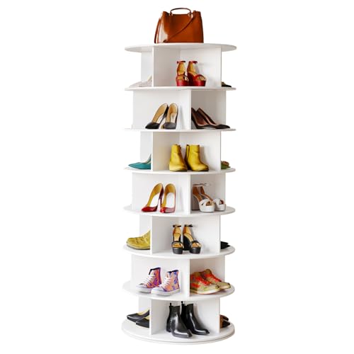 SpaceAid Drehbarer Schuhregal im Kreuz-Stil, 7-stöckig, drehbarer Schuhregal, 360° Display, Lazy Susan Aufbewahrung, Handtasche, drehbarer Turm, Schrank-Organisation (moderner Stil, Weiß) von SpaceAid