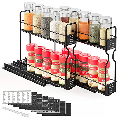 SpaceAid Herausziehbares Gewürzregal für Schrank, robust, ausziehbar, Gewürz-Organizer für Küchenschränke, mit 415 Etiketten und Kreidemarker, 13 cm Bx26 cm Tx25 cm H, 2 Schubladen, 2 Ebenen, schwarz von SpaceAid