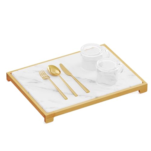 SpaceAid Stein-Abtropfmatte für Küchentheke, Bambus-Regal-Geschirrunterlage, sofort trockene Kieselgur Matte Geschirr, Steinschale schnell trocknende Matte Board (40,1 x 30 cm, weißer Marmor) von SpaceAid