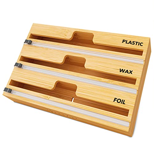 SpaceAid WrapNeat 3-in-1 Wickel-Organizer mit Schneider und Etiketten, Kunststofffolie, Aluminiumfolie und Wachs-Bambusspender für Küche, Aufbewahrung, Organisationshalter für 30,5 cm Rolle (Natur) von SpaceAid