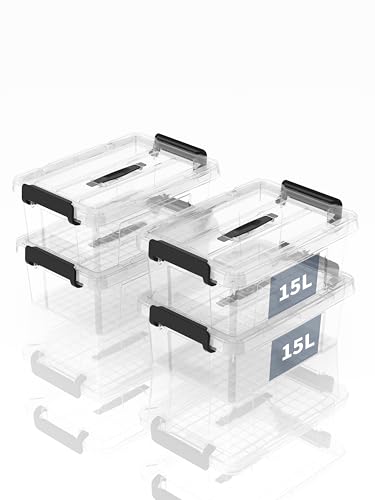 SpaceXpert Aufbewahrungsboxen, Lagerboxen, Tragefähige Kunststoffboxen mit Griff, Stapelfähiger Organisationsbehälter für Schlafzimmer, Unrat, Schule, Transparent, 15L (4er Set) von SpaceXpert