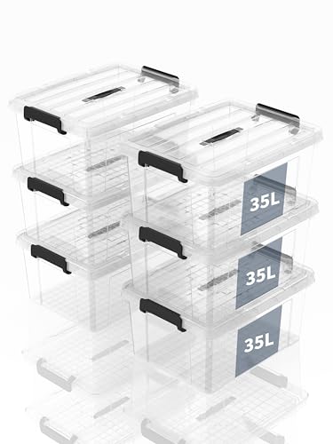 SpaceXpert Aufbewahrungsboxen, Lagerboxen, Tragefähige Kunststoffboxen mit Griff, Stapelfähiger Organisationsbehälter für Schlafzimmer, Unrat, Schule, Transparent, 35L (6er Set) von SpaceXpert