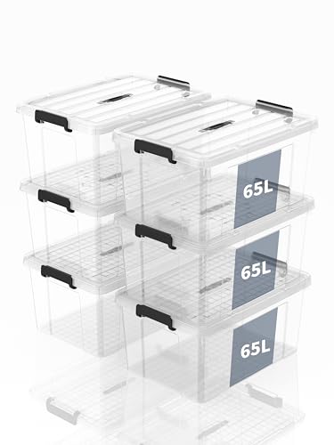 SpaceXpert Aufbewahrungsboxen, Lagerboxen, Tragefähige Kunststoffboxen mit Griff, Stapelfähiger Organisationsbehälter für Schlafzimmer, Unrat, Schule, Transparent, 65L (6er Set) von SpaceXpert