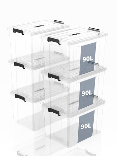 SpaceXpert Aufbewahrungsboxen, Lagerboxen, Tragefähige Kunststoffboxen mit Griff, Stapelfähiger Organisationsbehälter für Schlafzimmer, Unrat, Schule, Transparent, 90L (6er Set) von SpaceXpert