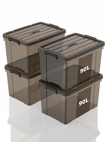 SpaceXpert Aufbewahrungsboxen, Lagerboxen, Tragefähige Kunststoffboxen mit Griff, Stapelfähiger Organisationsbehälter für Schlafzimmer, Unrat, Schule, Transparent Schwarz, 90L (4er Set) von SpaceXpert