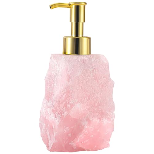 Spaceneat Rosenquarz-Kristallspender – glänzende Goldfarbe Pumpe – Naturstein-Seifenspender für Badezimmer von Spaceneat