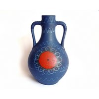 Silberdistel Blaue Keramik Krug Vase Rot Fat Lava West German Pottery Vintage 60Er 70Er von Spaceofvintage