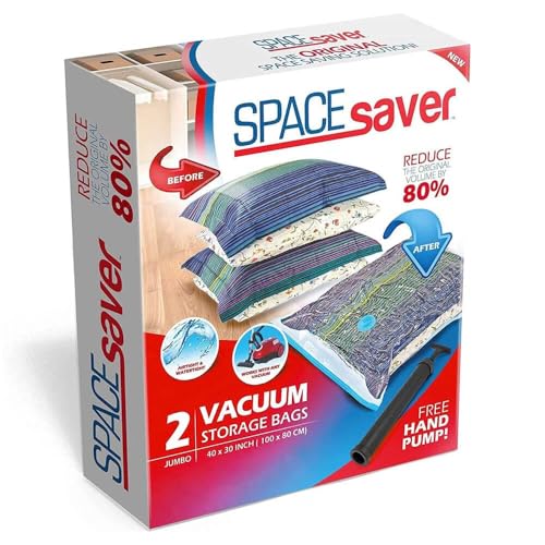 Spacesaver Hochwertige Vakuumbeutel für Kleidung, 80% mehr Stauraum Vakuum Aufbewahrungsbeutel mit Reise Pumpe Doppelreißverschluss und Dreifachdichtung, maximale Platzersparnis Jumbo-Größe 2 Pack von Spacesaver