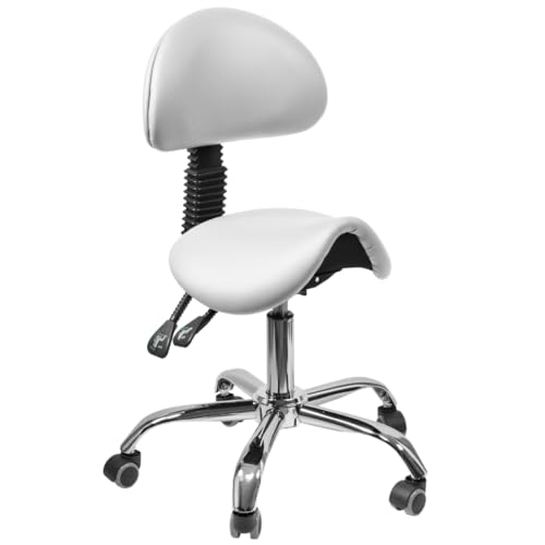 Spacetronik Sattelhocker mit Rückenlehne, Ergonomischer Arbeitshocker mit 3-Wege-Verstellung, Höhenverstellbar 42–64 cm, Rollhocker mit 360° Drehfunktion und Metallbasis von Spacetronik