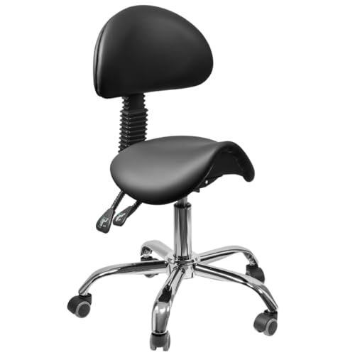 Spacetronik Sattelhocker mit Rückenlehne, Ergonomischer Arbeitshocker mit 3-Wege-Verstellung, Höhenverstellbar 42–64 cm, Rollhocker mit 360° Drehfunktion und Metallbasis von Spacetronik