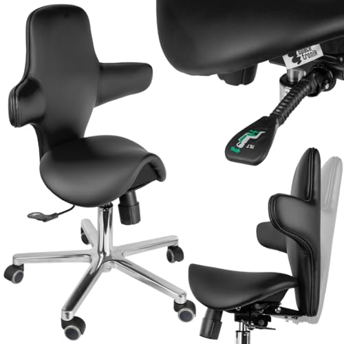 Spacetronik Sattelhocker mit Rückenlehne, Ergonomischer Arbeitshocker mit Sattelsitz und Neigungsverstellung, Höhenverstellbar 59–79 cm, Rollhocker mit Metallbasis und 5 Rollen von Spacetronik