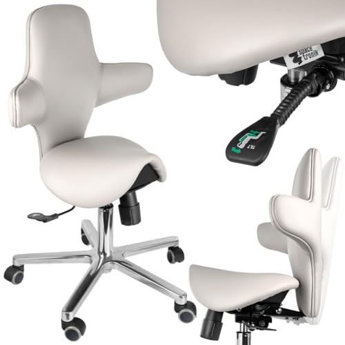 Spacetronik Sattelhocker mit Rückenlehne, Ergonomischer Arbeitshocker mit Sattelsitz und Neigungsverstellung, Höhenverstellbar 59–79 cm, Rollhocker mit Metallbasis und 5 Rollen von Spacetronik
