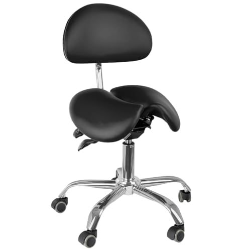 Spacetronik Sattelhocker mit Verstellbarer Rückenlehne, Zweigeteilter Ergonomischer Sattelsitz, Höhenverstellbar 50–62 cm, Rollhocker mit Metallbasis und 5 Weichrollen von Spacetronik