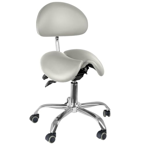 Spacetronik Sattelhocker mit Verstellbarer Rückenlehne, Zweigeteilter Ergonomischer Sattelsitz, Höhenverstellbar 50–62 cm, Rollhocker mit Metallbasis und 5 Weichrollen von Spacetronik