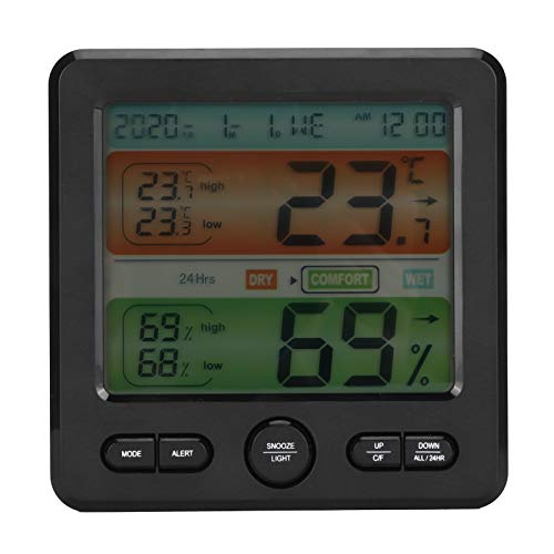Thermometer-Hygrometer, Digitales Thermometer-Hygrometer, Uhr, Farbbildschirm, Temperatur- und Luftfeuchtigkeitsmesser, Innenthermometer (BLACK) von Spacnana