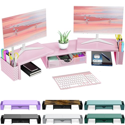 Spacrea Schreibtisch-Organizer und Zubehör, Dual-Monitor-Ständer mit Schublade und 2 Stifthaltern, Schreibtischzubehör und Arbeitsplatz, Schreibtisch-Organizer für Bürobedarf (Rosa) von Spacrea