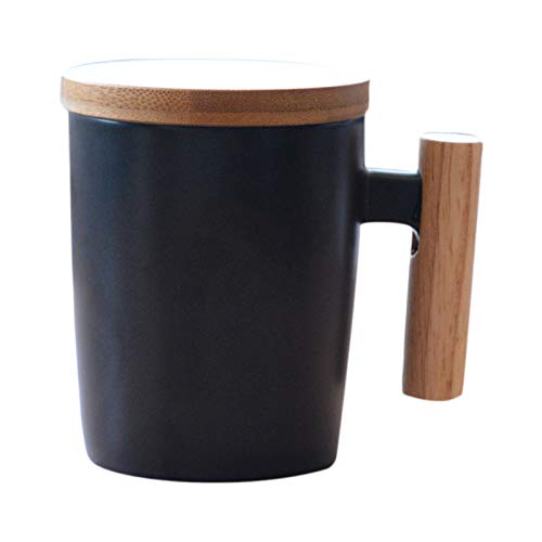 Spactz Japan Style Kurz Kaffeebecher Keramik Porzellan Milchbecher Kaffeetasse mit Holzgriff Deckel Keramik Wasser Teetassen Geschenk - Schwarz von Spactz