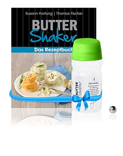 Butter-Shaker & Buch-Set für handgeschüttelte Gourmetbutter mit 325ml-Butter-Shaker (GRÜN) und kreativem Rezeptbuch von Spätzle-Shaker