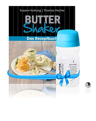 Starter-Set fürs Machen von Butter und -buttermilch mit 325ml-Butter-Shaker (BLAU) + kreatives Rezeptbuch von Spätzle-Shaker