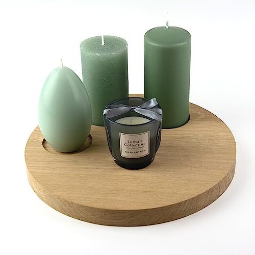 SPANHERZ™ Dekotablett rund Ø 29 cm handgemacht aus Holz, Serviertablett Deko für Stumpkerzen, Kerzentablett für den Arbeitsplatz, Küche, Couchtisch, Tischdeko aus hochwertigem Holz, Kerzenhalter rund von Spanherz