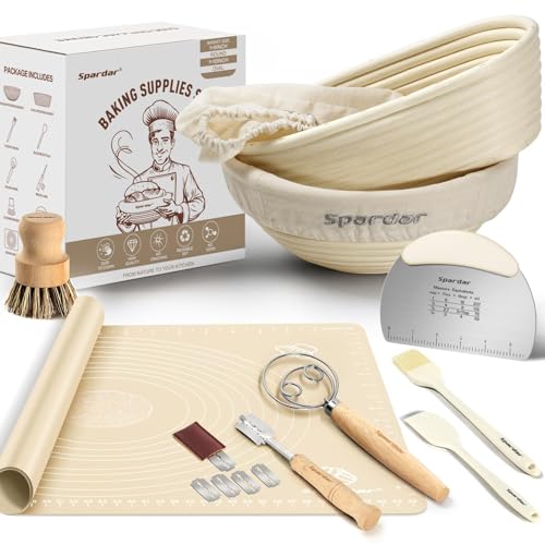 Spardar Sauerteig Starter Set, Gärkorb zum Brotbacken Inkl Zubehör zum Backen und Gären, kommt mit 9 Zoll Runden und 10 Zoll Ovalen Sauerteigkörben, Knetmatte, Mixer und Spatel von Spardar