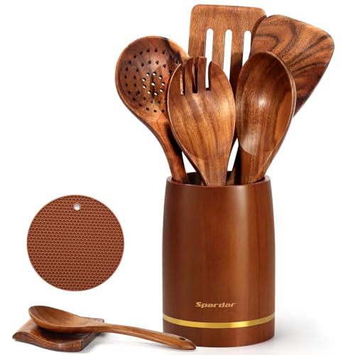 Spardar Küchenutensilien aus Holz, 9 pcs Holzlöffel-Set, mit 6 Kochlöffeln aus Teakholz, Löffelablage, 3.3 in Utensilienhalter, als Küchendekoration und Einweihungsgeschenk von Spardar