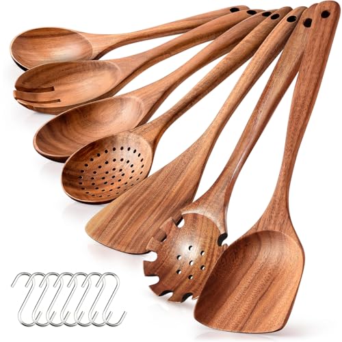 TeakHolzkochlöffel, 7-Teiliges Kochbesteck Set Mit 7 Haken, Pfannenwender, Kochspatel, Sieb, Salatgabel, Salatlöffel, Rührlöffel, Rundlöffel Für Küche Und Restaurant von Spardar