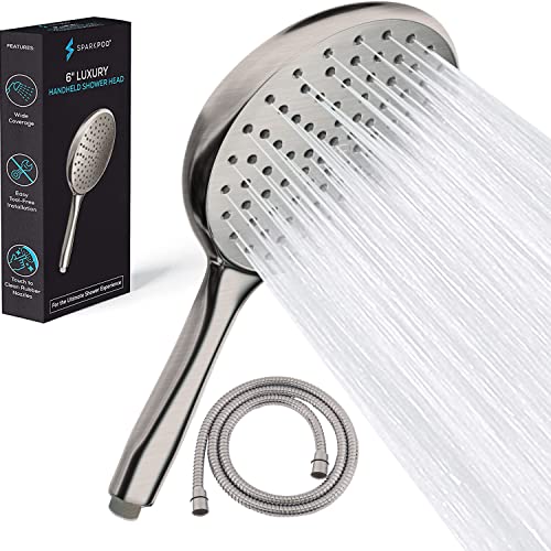 SparkPod Hochdruck-Handbrause mit 1,8m Schlauch - Duschkopf Druckerhöhend - Werkzeuglose Installation - Regendusche - XXL Regenbrause (Elegant Brushed Nickel Shower Head- Hsh-2pc,1 Function - 2PC) von SparkPod