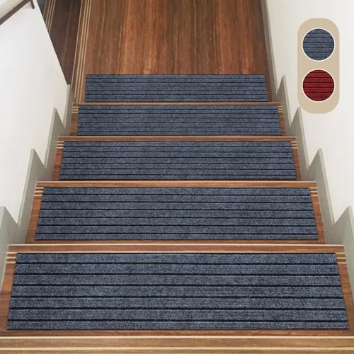 15pcs Stufenmatten, Treppen Teppich, Treppenteppich Selbstklebend, Treppenstufen Matten, Stufenschutz Stufenteppich Innenbereich für Holzstufen, 70 * 22cm (Grau-schwarz) von Sparklenut