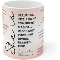 Keramiktasse 11 Unzen - She Is Manifestation Tasse, Positive Affirmationen, Reichtum Fülle, Lotus, Kaffeetasse, Empowerment, Selbstliebe, Tasse von SparklingSoul222