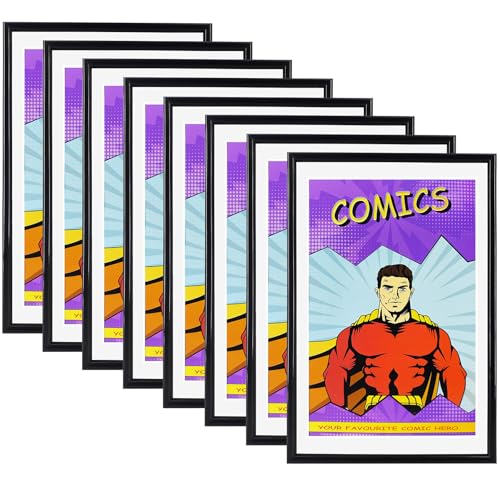 SparklyHome Comic-Bilderrahmen mit weißer Matte, UV-Schutz, schwarzer Rahmen für aktuelle Comics bis zu 17,6 x 26,7 cm, passend für Comicbuchtaschen und -hüllen, Wand- oder Tisch-Display, 8 Packungen von SparklyHome