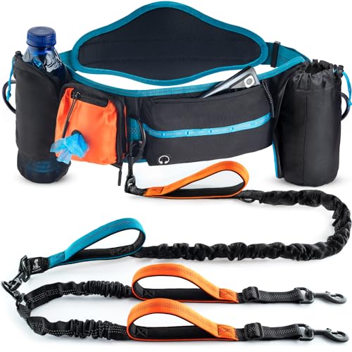 SparklyPets Hundeleine mit doppelter Bungee-Taille und Rückenstütze, doppelte Hundeleine für mittelgroße und große Rassen, 2 Hunde-Laufgürtel, Bauchtasche mit Telefon-, Abfall-, Leckerli- und von SparklyPets