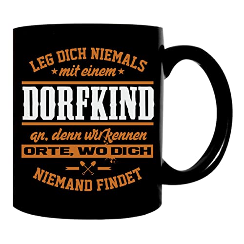 Kaffeetasse Tasse DORFKIND Motiv als Spruch Geschenk in schwarz von Spaß Kostet