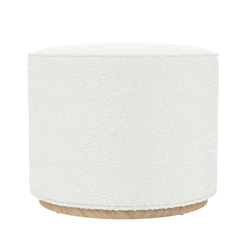 Spatial Order Bouclé Ottomane mit Holzsockel, rund, gepolsterte Fußstütze, cremefarbener struktureller Stoff, moderner Akzenthocker für Wohnzimmer und Schlafzimmer, 55,9 cm von Spatial Order
