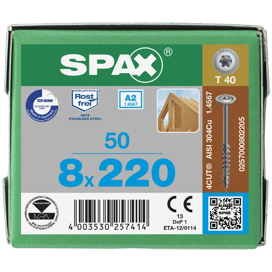 SPAX® - Holzbauschraube ER A2 blk TG T 40, ø8 x 220mm von Spax