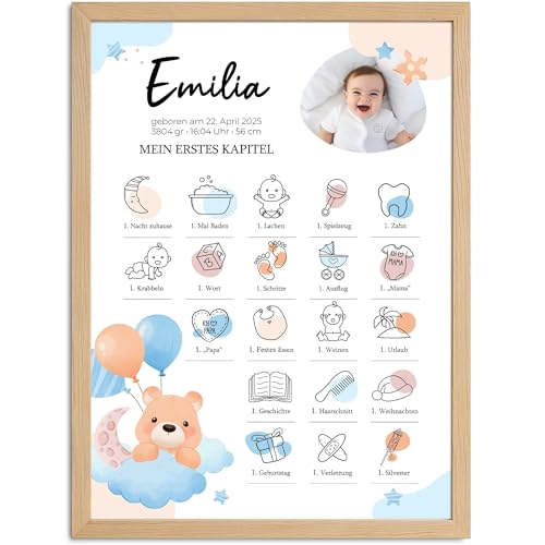 SpecialMe® Baby Poster Meilensteine personalisiert | Mein erstes Kapitel mit Foto Name Geburtsdaten | Geburtsposter mit ersten Momenten | Geschenk zum1. Geburtstag von SpecialMe