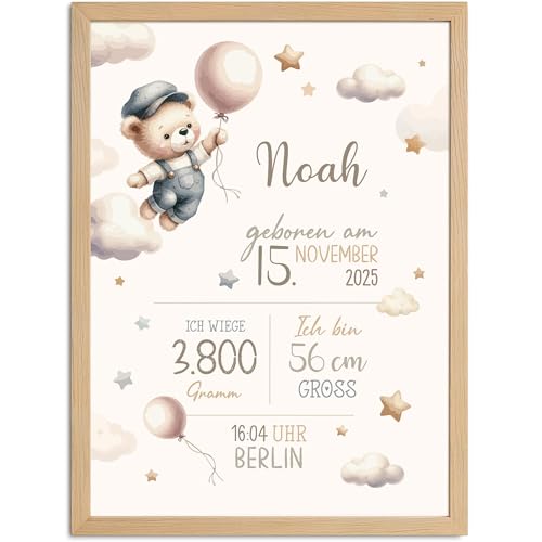 SpecialMe® Baby Poster mit Geburtsdaten personalisiert | Teddybär mit Luftballon | Aquarell Kunstdruck | Wunschname Geburtsdatum von SpecialMe