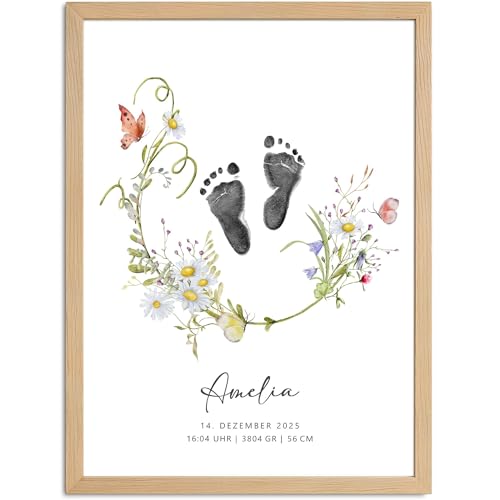 SpecialMe® Babyposter mit Fußabdruck Handabdruck - personalisiertes Blumenposter mit Name & Geburtsdaten Geschenke zur Geburt & Taufe Gruen von SpecialMe