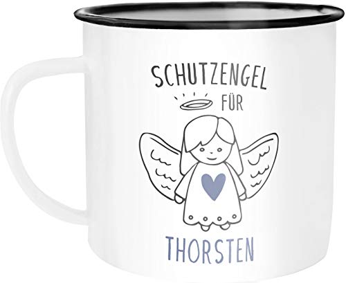 SpecialMe® Emaille-Tasse Becher Emaille Schutzengel mit Name personalisierte Geschenke Glückstasse Glücksbringer weiß-schwarz Emailletasse von SpecialMe