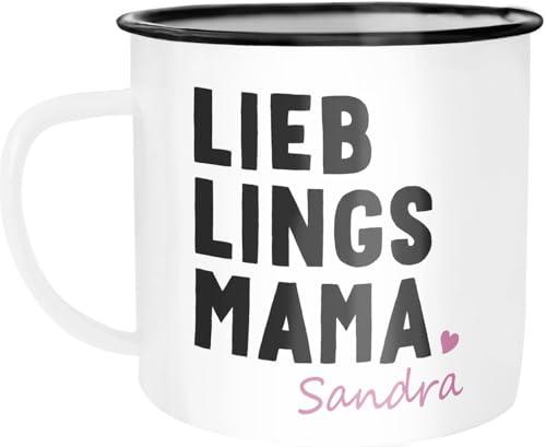 SpecialMe® Emaille-Tasse Becher Schriftzug Lieblingsmama Name personalisierbar Geschenk Mama Mutter weiß-schwarz Emailletasse von SpecialMe
