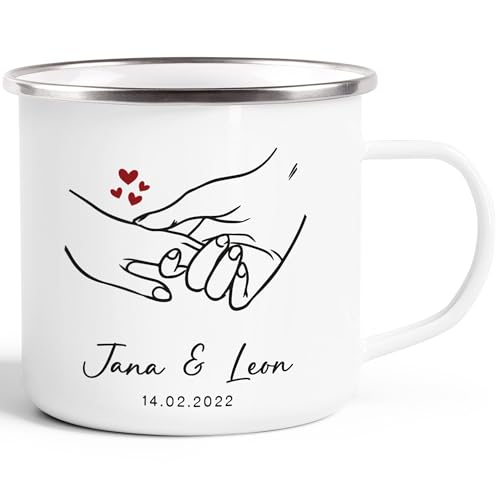 SpecialMe® Emaille-Tasse Geschenk Liebe Motiv Hände Herzen personalisierbar mit Namen und Datum Variante 3 emaille-weiß-silber standard von SpecialMe