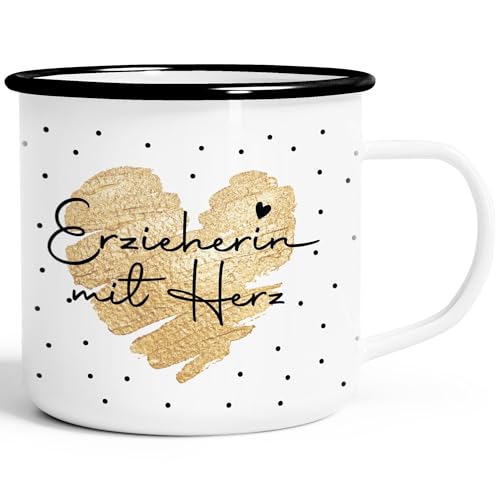 SpecialMe® Emaille-Tasse Herz Danke Geschenk Lieblingsmensch Alltagsheld Berufe Spruch Schrift Emaillebecher Erzieherin mit Herz weiß-schwarz Emailletasse von SpecialMe