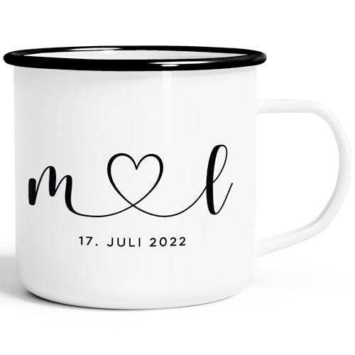 SpecialMe® Emaille-Tasse Hochzeit personalisiert mit Initialen Anfangsbuchstaben und Herz Datum Hochzeitsgeschenk emaille-weiß-schwarz standard von SpecialMe