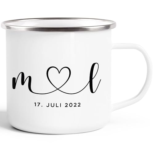 SpecialMe® Emaille-Tasse Hochzeit personalisiert mit Initialen Anfangsbuchstaben und Herz Datum Hochzeitsgeschenk emaille-weiß-silber standard von SpecialMe