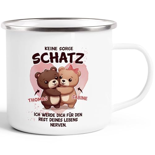 SpecialMe® Emaille-Tasse Keine Sorge Schatz Herz personalisierbares Motiv Liebes-Geschenk Mann Frau Pärchen emaille-weiß-silber standard von SpecialMe