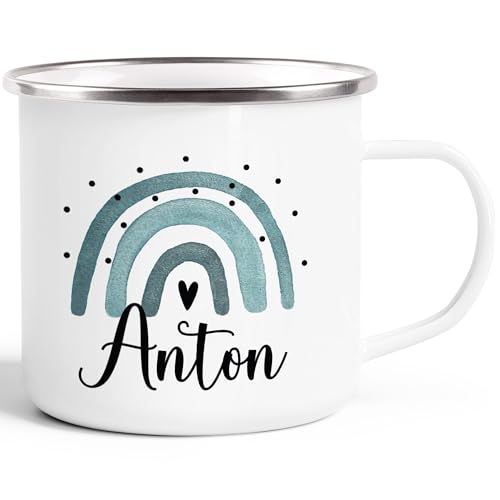 SpecialMe® Emaille-Tasse Kinder mit Name bedruckt Motiv Regenbogen personalisierbar Becher personalisierte Geschenke Jungs weiss-blau-metall Emailletasse von SpecialMe